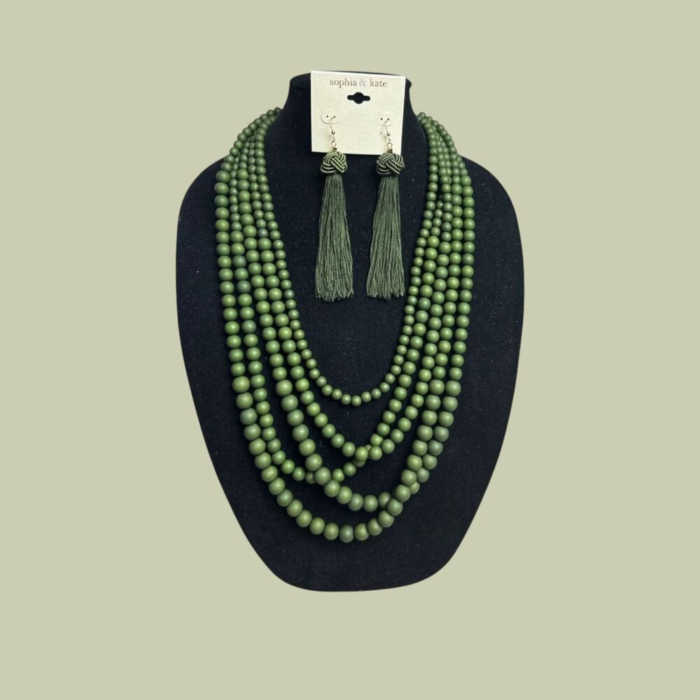 Sophia & Kate Olive Green Tassel Earrings & Unbranded Beaded Necklace Set